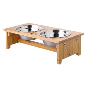 Foreyy Bamboo Raised Stainless Steel Dog Bowl