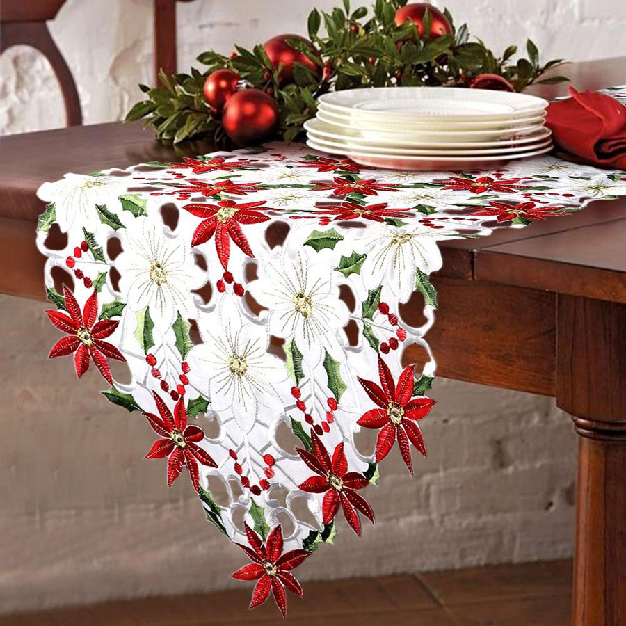 OurWarm Poinsettia Holly Leaf Embroidered Christmas Table Runner