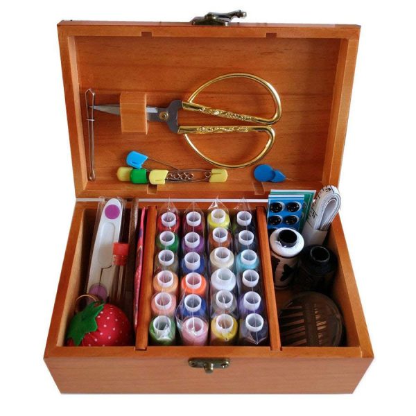 Wooden Box 24 Spools Sewing Kit